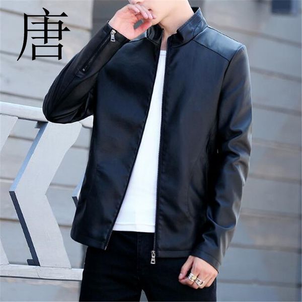 

large 3xl4xlpu leather garment slim jacket 2019 new brand autumn collar fashion pure color locomotive zipper leather jacket, Black