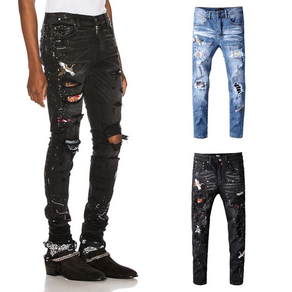 

роскошные мужские дизайнерские джинсы мужские дизайнерские разорванные тощий тонкий эластичный denim fit байкер джинсы мода fit zipper rippe, Blue
