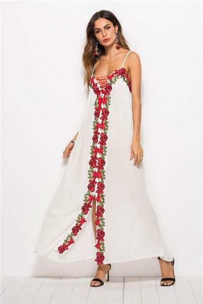 

женские цветочные вышивки богемные платья лето спагетти ремень сплит дамы линии платья сексуальный галстук белый мода женская пляжная одежда, Black;gray