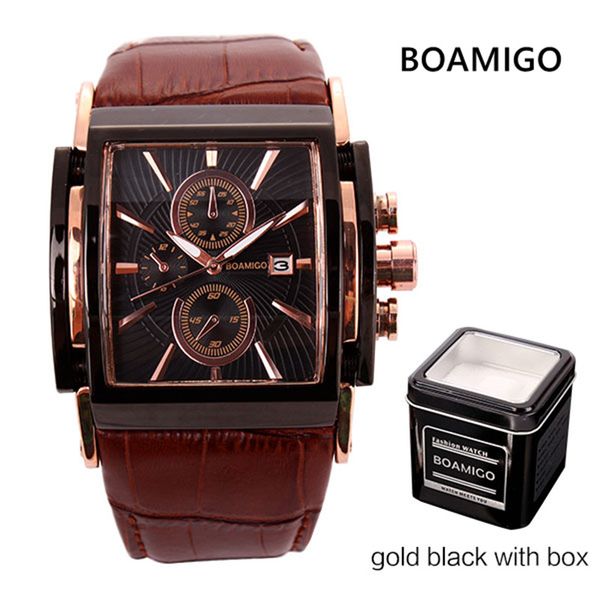 

boamigo square men quartz watches big dial fashion casual sport watch rose gold water[roof cock leather male casual wristwatches, Slivery;brown