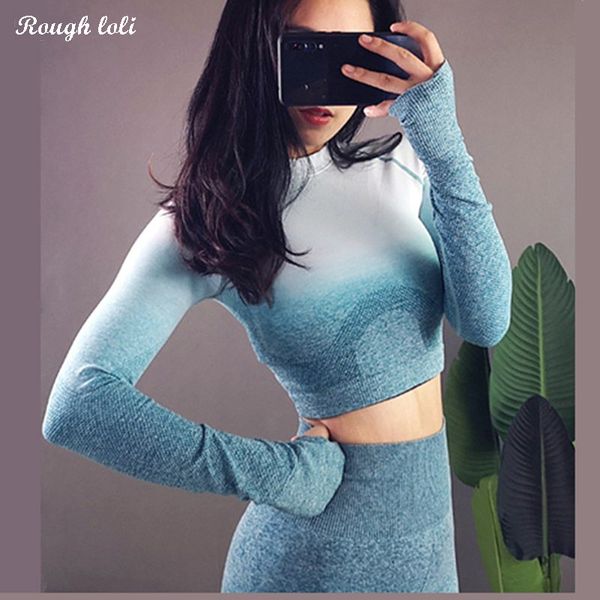 

rough loli ombre seamless long sleeve crop shirts workout for women yoga gym shirt athletic fitted t shirt sports top, White;red