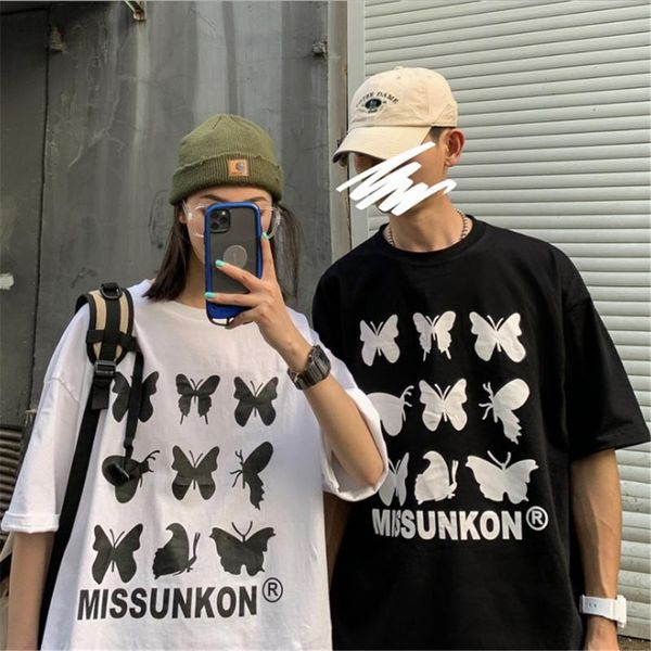 

hip hop summer men clothing short sleeve butterfly printed tshirts for male 2020 new fashion casual outwear man loose streetwear, White;black