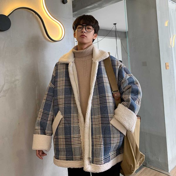 

2019 winter men's lattice printing snow jackets thick lamb loose coat cotton-padded clothes khaki/blue keep warm parkas s, Black