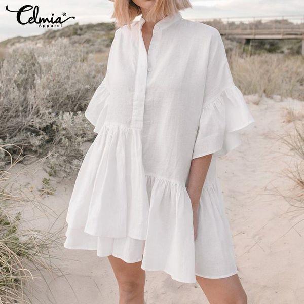 

2020 celmia summer ruffle mini dress women v-neck casual irregular pleated shirt dress plus size party beach vestidos mujer, White;black