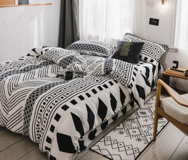 Nordic Style Fleece Bedding Set Leaves Geometric Duvet Cover Set