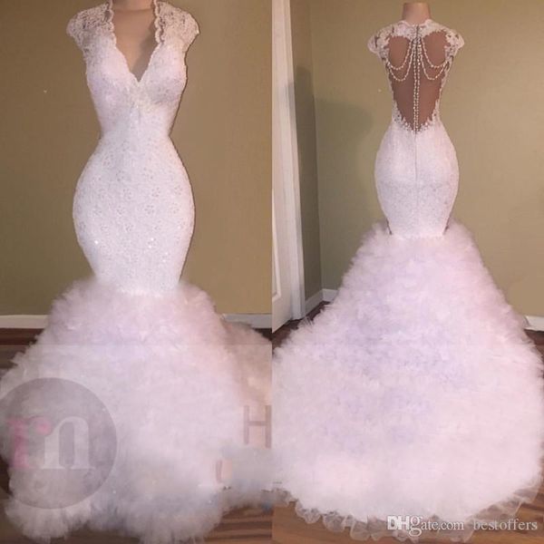 

white prom dresses mermaid 2019 lace applique beaded v neck backless evening gowns sweep train tulle puffy tiered formal party dress, Black