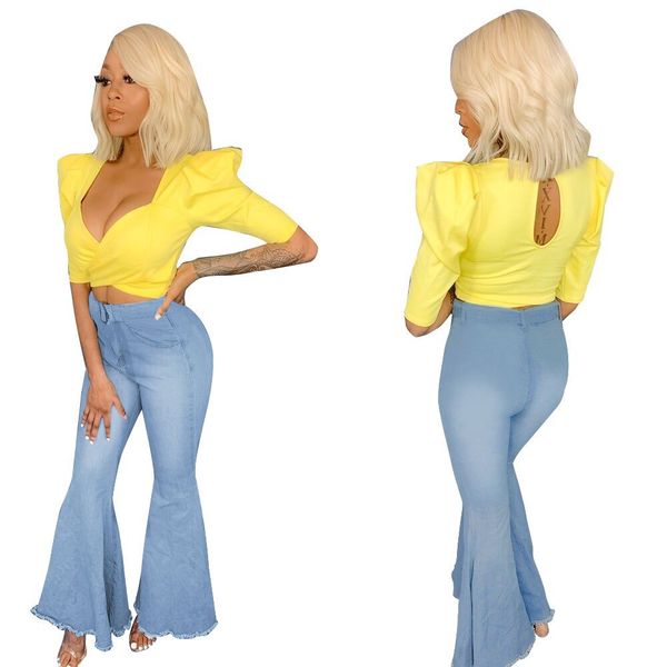 

plus size big bell bottoms jeans for women high waist flare jeans wide leg denim pants ladies retro burr slim fit push up, Blue