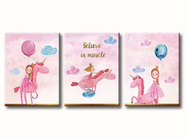 

3 panel unicorn flamingo wall art pink ballet princess painting for kids room home decor canvas print pictures no framed