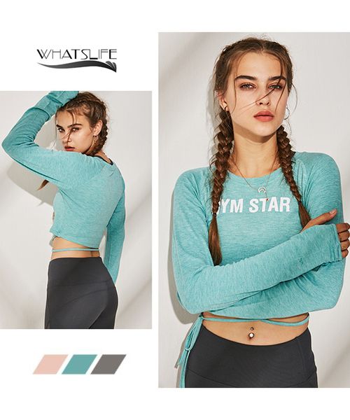 

женская растениеводство верхняя тенниски с длинным рукавом свободного досуга йога фитнеса износ тонкой обрезанной тенниской женщины тенниска, White