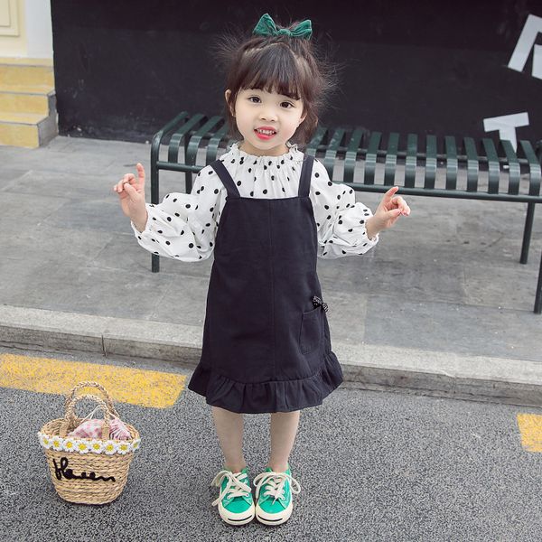 

small children's suspenders skirt girl suit dot bubble sleeve blouse+strap dress 2pcs baby girls outfits cotton toddler kids set, White