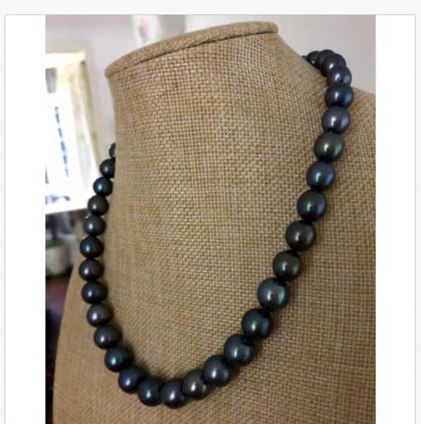 

stunning 10-12mm tahitian round black green pearl necklace 18inch, Silver