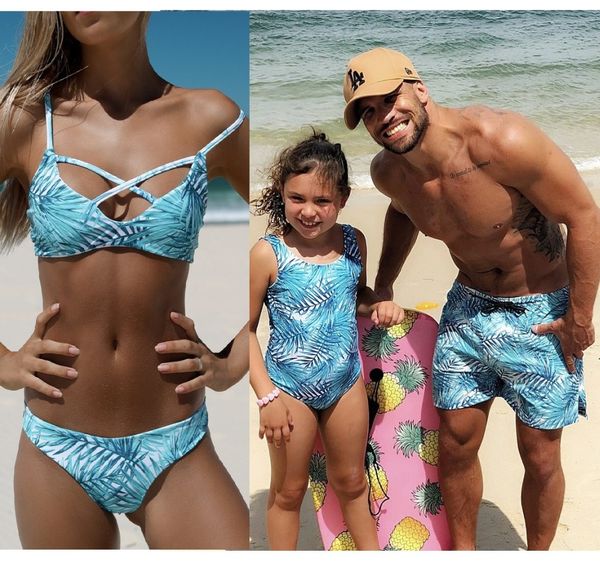

beachwear family matching clothes mother daughter swimwear dad son swim shorts mommy and me bikini bath swimsuits look outfits, Blue