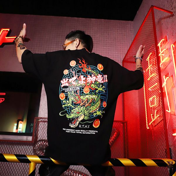 

japanese cartoon dragon print hip hop short-sleeved t-shirt trend for men and women half-sleeved undershirt, White;black
