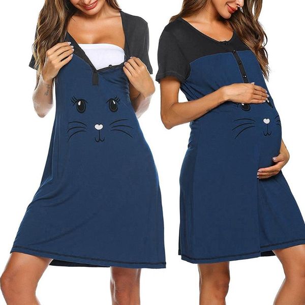 

summer women maternity dress short sleeve cute print nursing nightdress breastfeeding dress fashion pregnancy high quality, White