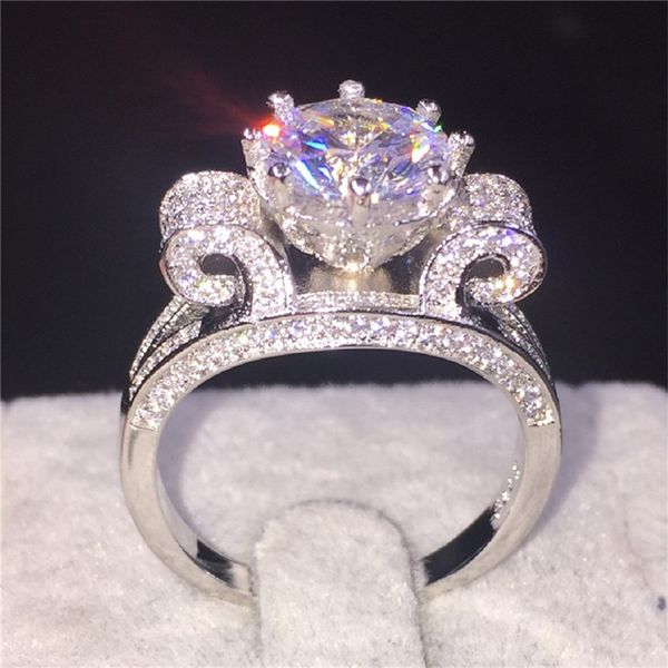 Gioielli da sposa in platino con diamanti simulati di lusso da 4 carati Anelli in vero argento sterling 100% 925 con fiore di loto per regalo da donna