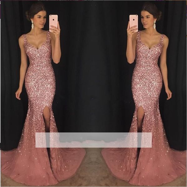 Blush Pink Mermaid Prom Dresses Senza spalline Perline Paillettes Side Split Backless Sweep Train Abiti da cerimonia Abiti da sera robes de soir￩e