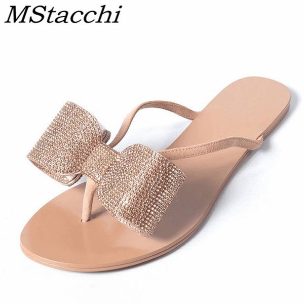

mstacchi тапочки женщина бабочка-knot плоская вьетнамка обуви моды мерцание кристалл шелковая женская обувь лето новый стиль тапочки, Black