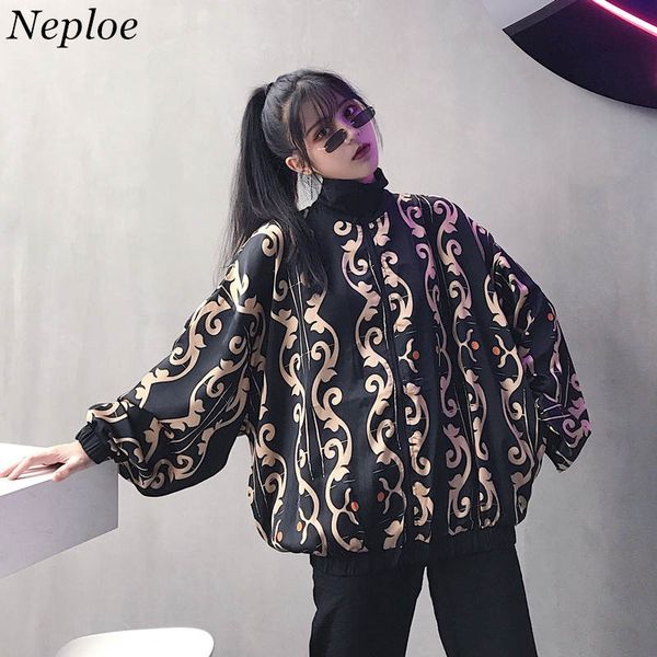 

neploe vintage print jacket coat women 2019 spring harajuku bf style jackets stand neck zipper casual bomber coats 38225, Black;brown