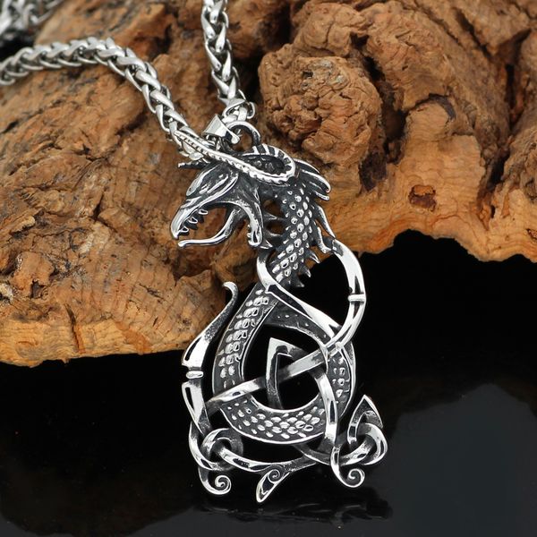 

nordic viking amulet drgon dreki jormungand knot stainless steel necklace with valknut rune gift bag, Silver