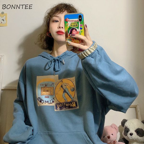 

hoodies women printed korean style all-match hooded thicker velvet warm students pullover womens leisure loose hoodie drawstring, Black