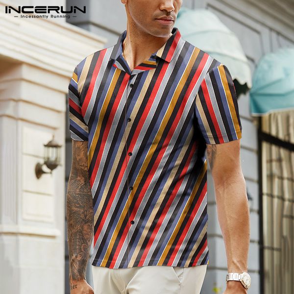 

2020 summer striped shirts man casual short sleeve lapel shirt loose colorful breathable blusas hawaiian hombre 5xl incerun, White;black