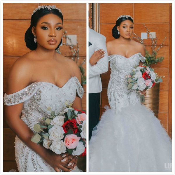 

2020 arabic aso ebi plus size luxurious crystals lace wedding dresses mermaid bridal dresses vintage organza wedding gowns zj445, White