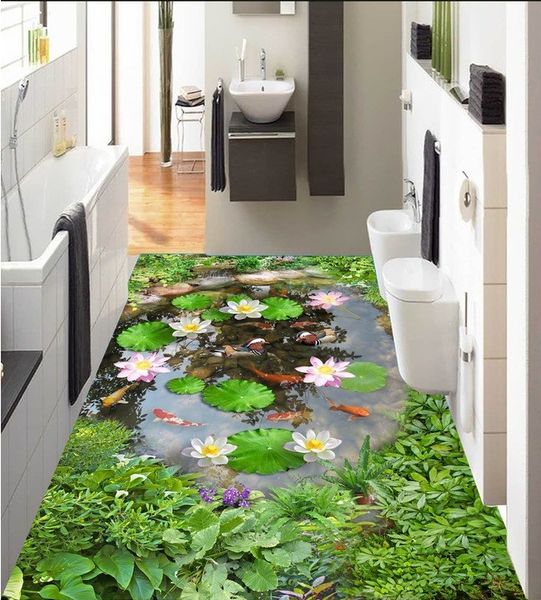 

3d pvc flooring custom p waterproof self-adhesive floor pond lotus leaf carp sticker home decor living room wallpaper for walls 3 d