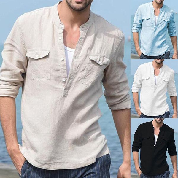 

cotton linen casual men solid color patch pocket buttons v neck long sleeve shirt cotton linen shirt men, White;black