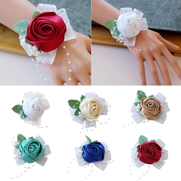 

beautiful wrist corsage bridal bridesmaid pearls leaves stretchy bracelet wedding prom party rose hand flower 8 x 6 x 4 cm