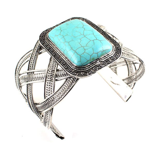 

square vintage blue stone cuff bangle bracelets open size cuff bracelet for women wide bracelet fashion india jewelry, Black