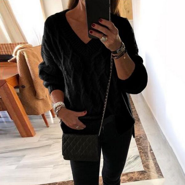

oeak women's autumn winter knitted sweater women's solid pullover sweater v-neck loose casual streetwear top, White;black