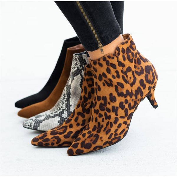 

autumn women's ankle boots leopard female zip pointed toe woman snakeskin stilettos plus size ladies suede female shoes, Black