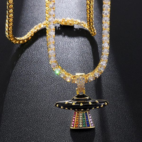 

men/women hip hop ufo airship pendant necklaces with aaa zircon tennis chain hiphop iced out bling necklace fashion jewelry, Silver