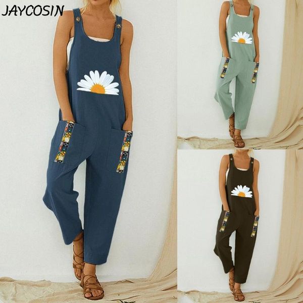 

jaycosin women casual boho small daisies print button pocket sleeveless loose long pants playsuit summer rompers strap jumpsuits, Black;white