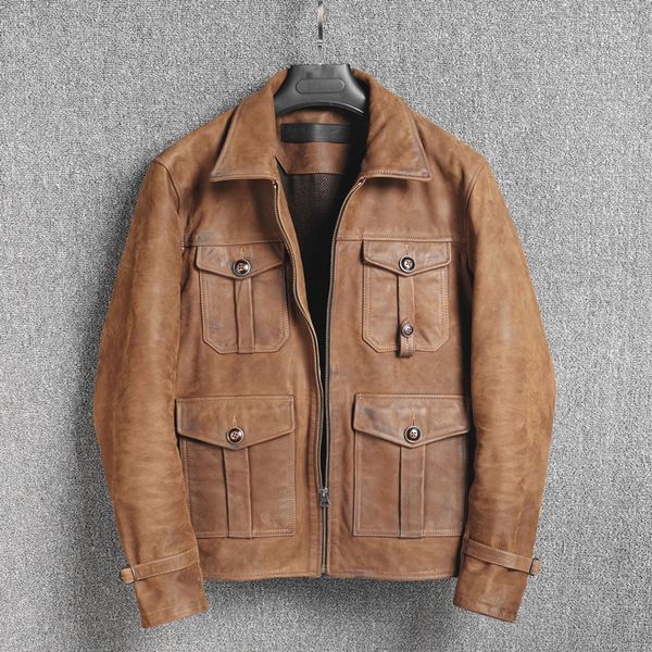 

2020 men's vintage cow leather jacket with four pockets safari style hunter jacket men do old scrub genuine leather coat male, Black