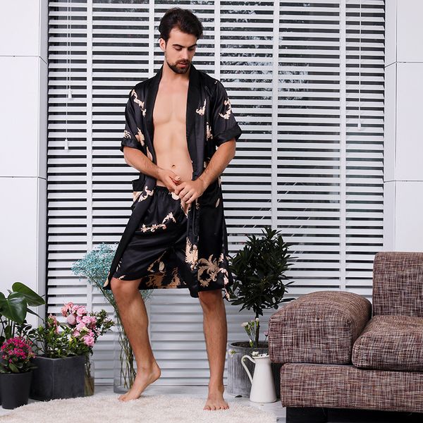 

peignoir homme man silk single paper robe thin section short sleeve pajamas will code bathrobe short-sleeved shorts pajamas set, Black;brown