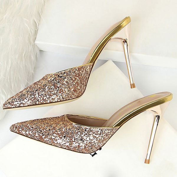 

2020 women summer 9.5cm high heels slippers mules glitter bling slides lady fetish flops female sequins gold prom shoes, Black