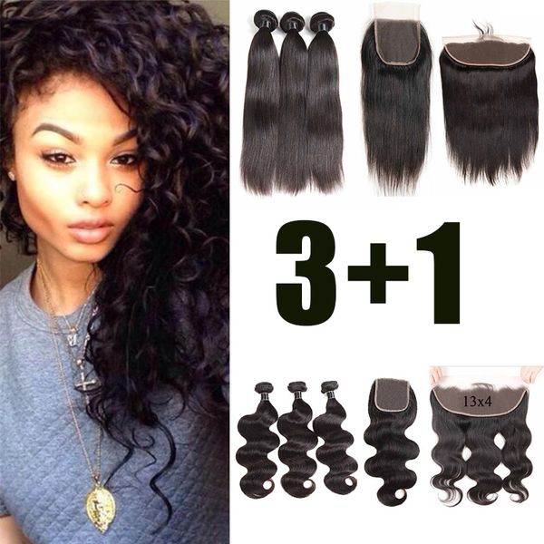 

9 бразильские волосы девственниц прямые связки с фронтальными бразильскими объемной волной утками волос человека с closure перуанских малази, Black