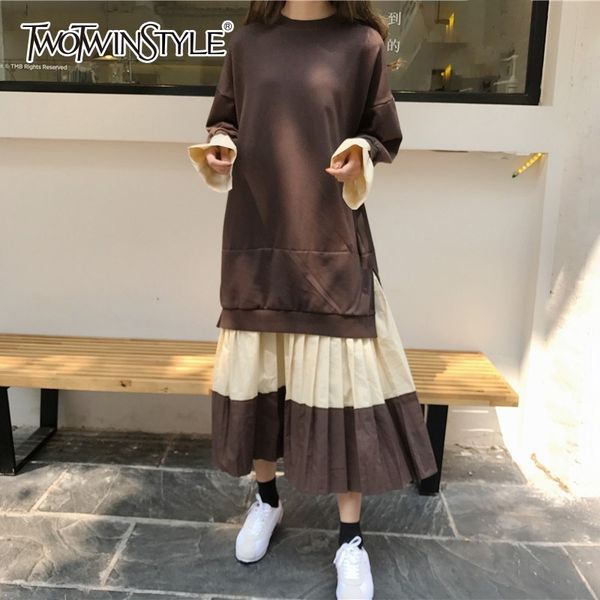 

twotwinstyle korean sweatshirt dresses female flare long sleeve patchwork pleated hem women's dress 2018 autumn fashion new, Black;gray