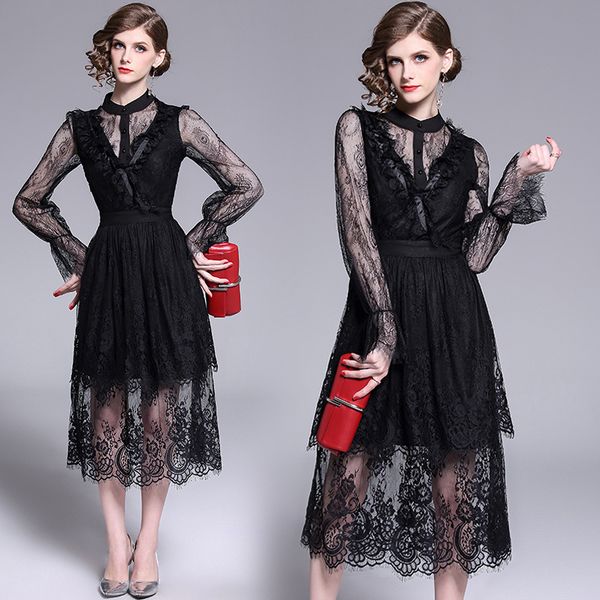 

women black lace dress ruffle hollow out flare long sleeve vestido elegant work casual vintage party lady dresses, White