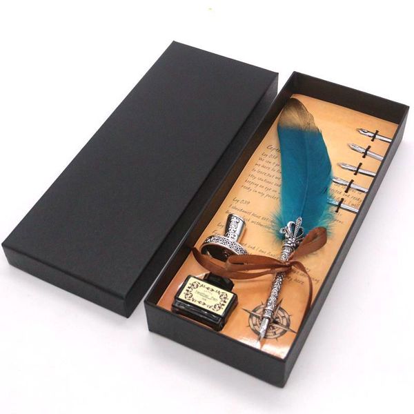 

golden feather pen gift box retro style students use metal pen set feather dip fountain ink glass ink