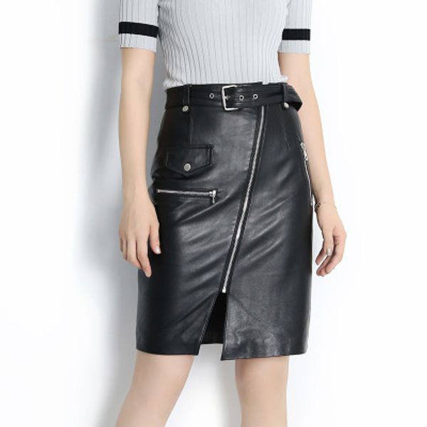 

2019 new fashion genuine sheep leather skirt e11, Black