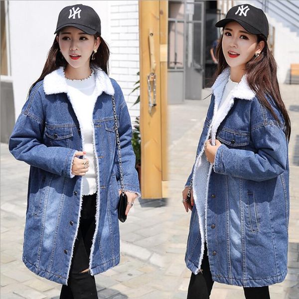 

very warm winter female jacket 2019 new long denim jacket fur women bomber for women thicken warm jeans coat, Black;brown