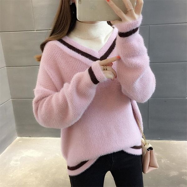 

sweater thickening female winter set short paragraph 2019 new half-high collar sweater autumn dress loose bottoming, White;black