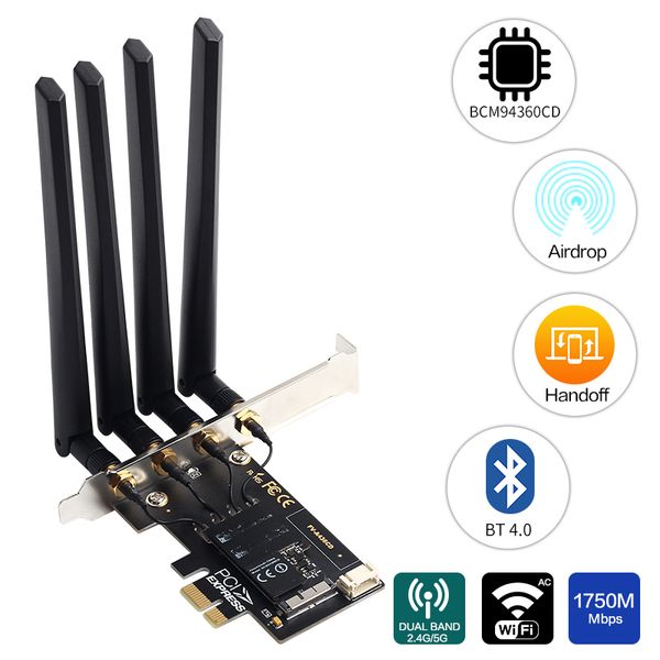 

dual band 1750mbps 802.11ac native airport bcm4360 wifi + bluetooth bt 4.0 broadcom bcm94360cd wireless mac os + pc/hackintosh
