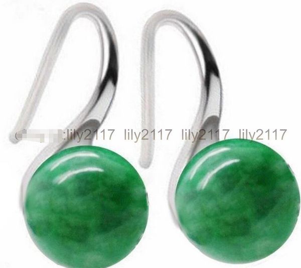 

real 10mm green round natural jade gemstones silver hook earring