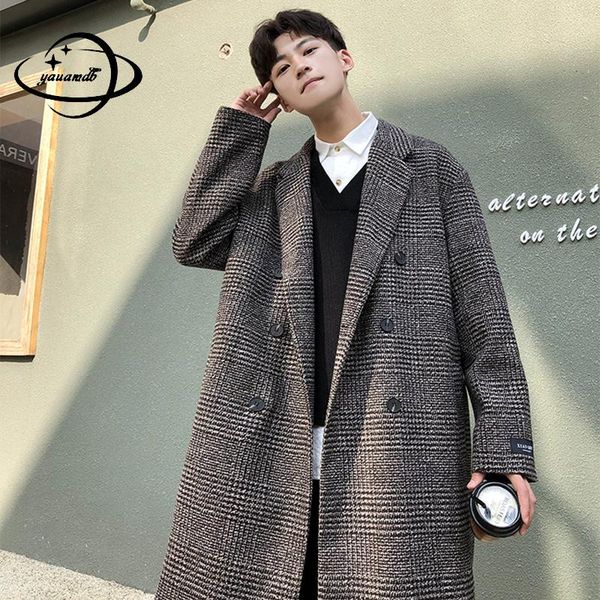 

мужские шерстяные пальто осень зима мужские куртки бленды одежда отложной воротник длинный стиль плед свободный человек верхняя одежда h148, Black