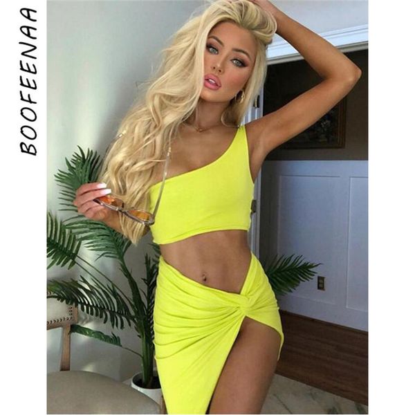 

boofeenaa neon one shoulder knotted slit two piece set crop and skirt club outfits 2020 summer dress matching sets, White