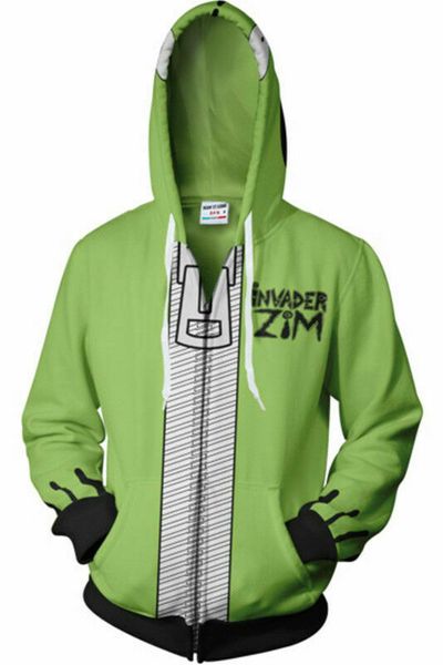 

invader zim 3d costume printed men zipper sweat hoodie sweatshirt jacket cosplay zip up hooded coat spring hoodies men, Black