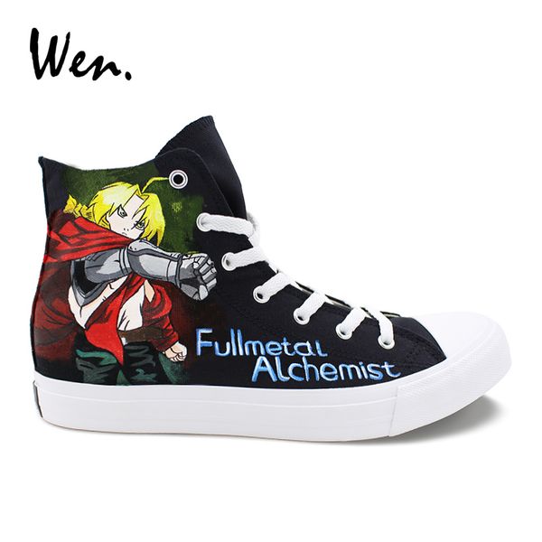 

wen hand painted shoes fullmetal alchemist anime designers sneakers women high men vulcanize shoes canvas plimsolls trainers, Black